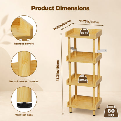 Enogets Bamboo 4-Tier Shelf with Tool-Free Assembly, Bamboo Storage Shelving for Bathroom, Living Room, Kitchen