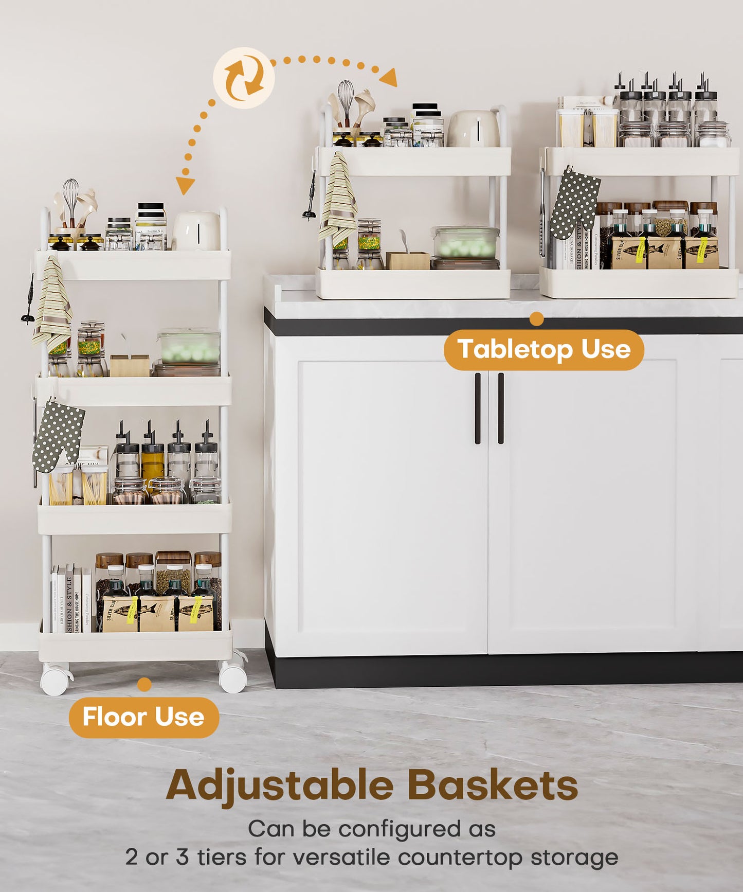 Enogets 4 Tier Utility Rolling Cart, Mobile Storage Cart for Kitchen with Lockable Caster Wheels, Handle & Hooks, White