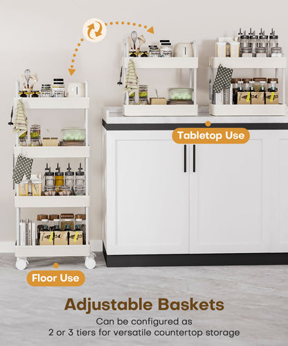 Enogets 4 Tier Utility Rolling Cart, Mobile Storage Cart for Kitchen with Lockable Caster Wheels, Handle & Hooks, White