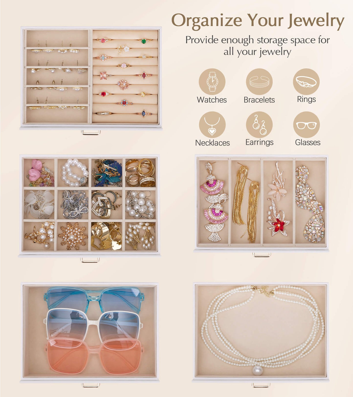 Enogets Large Jewelry Box for Women, 6 Layers 5 Drawers Organizer with Mirror for Ring Earring Necklace