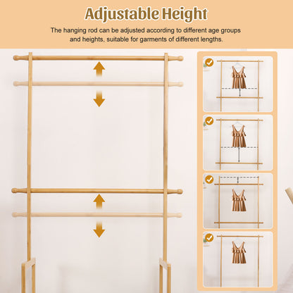 Enogets Bamboo Closet Organizer, Freestanding Clothing Rack with Adjustable Hanging Rods & 2 Storage Baskets for Children's Bedroom