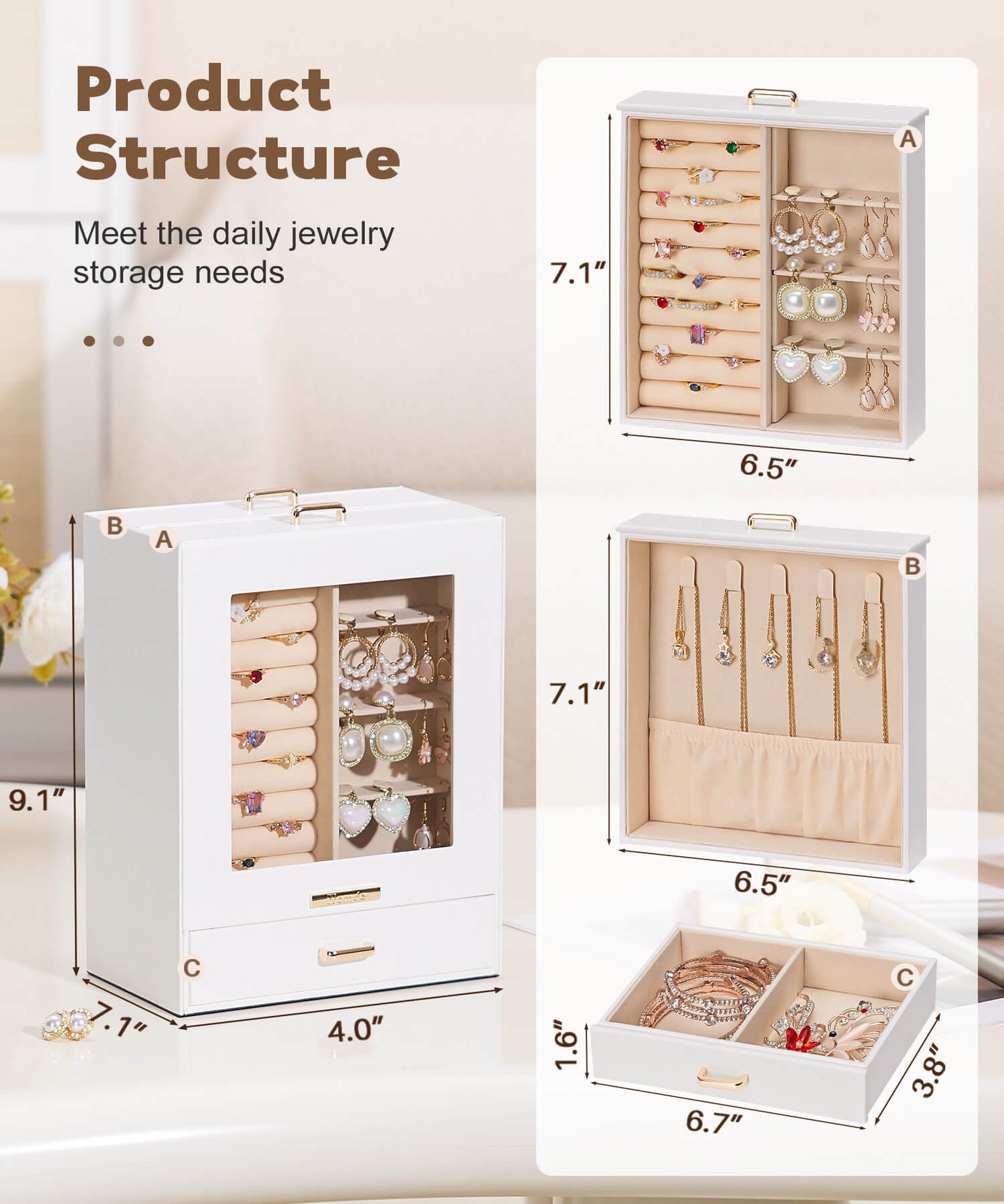 Enogets Jewelry Organizer with Display Windows& 3 Drawers, Jewelry Box for Girls Women Jewels