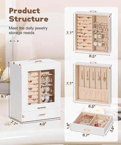 Enogets Jewelry Organizer with Display Windows& 3 Drawers, Jewelry Box for Girls Women Jewels