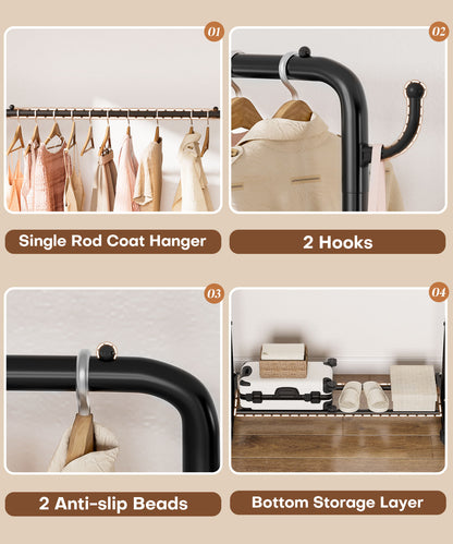 Enogets Heavy Duty Rolling Garment Rack，Metal Clothing Rack for Hanging with Stroage Shelf and Hooks（Black）