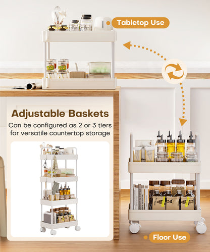 Enogets 4 Tier Utility Rolling Cart, Mobile Storage Cart for Kitchen with Lockable Caster Wheels, Handle & Hooks, White