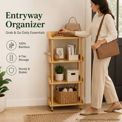Enogets Bamboo 4-Tier Shelf with Tool-Free Assembly, Bamboo Storage Shelving for Bathroom, Living Room, Kitchen