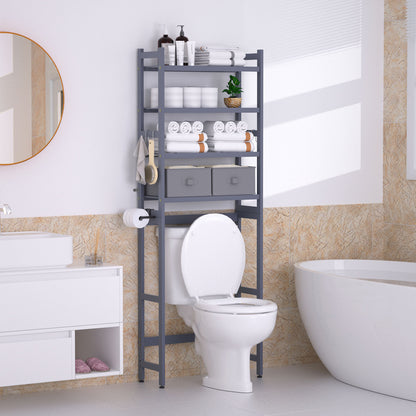 Enogets Over the Toilet Storage, Bamboo Bathroom Shelf Organizer with 2 Baskets & 4 Hooks, 4-Tier Space Saver