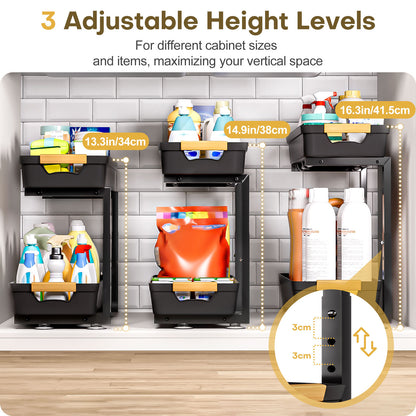 Enogets 2-Pack Under Sink Organizer, 2-Tier Pull-Out Storage Shelf for Kitchen & Bathroom – Black