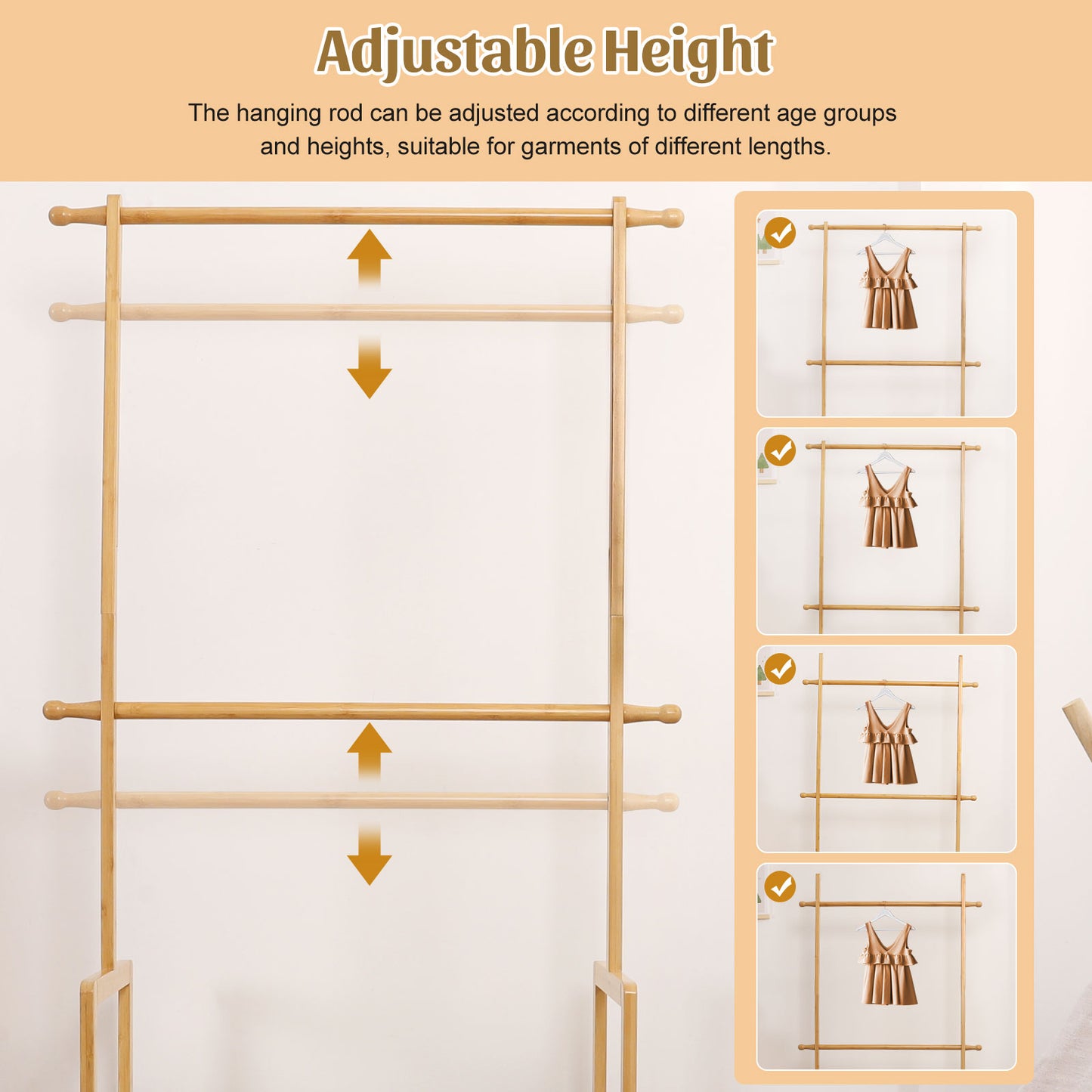 Enogets Bamboo Closet Organizer, Freestanding Clothing Rack with Adjustable Hanging Rods & 2 Storage Baskets for Children's Bedroom