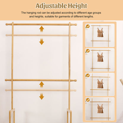 Enogets Bamboo Closet Organizer, Freestanding Clothing Rack with Adjustable Hanging Rods & 2 Storage Baskets for Children's Bedroom