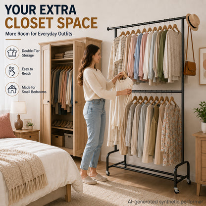 Enogets Heavy Duty Rolling Clothes Rack, double Layers with 450 lbs Capacity, Commercial Grade Garment Rack with Wheels, Black