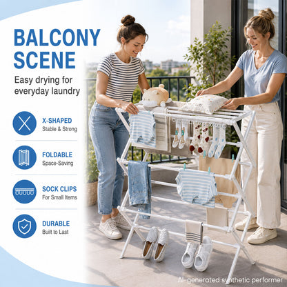 Enogets Expandable Clothes Drying Rack, Foldable & Collapsible Steel Laundry Drying Racks, White
