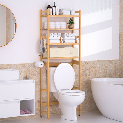 Enogets Over the Toilet Storage, Bamboo Bathroom Shelf Organizer with 2 Baskets & 4 Hooks, 4-Tier Space Saver