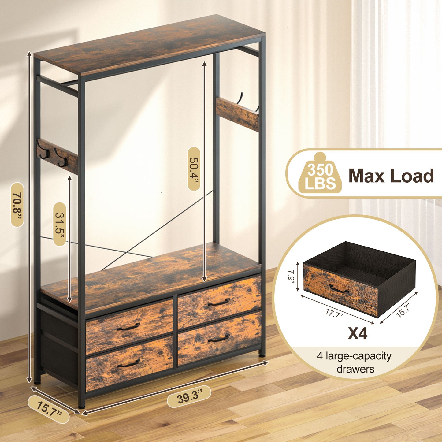 Enogets Freestanding Clothes Rack with 4 Drawers & Shelves Garment Hanging Rack with 4 Hooks- Wardrobe Storage Organizer for Bedroom, Living Room