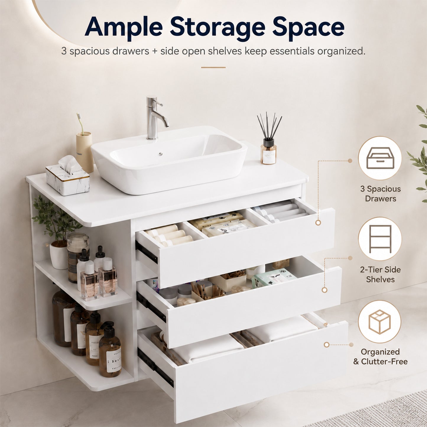 Enogets Wall Mounted Bathroom Vanity, White Floating Cabinet with 3 Drawers and Open Storage, Sink Not Included