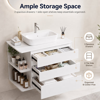 Enogets Wall Mounted Bathroom Vanity, White Floating Cabinet with 3 Drawers and Open Storage, Sink Not Included