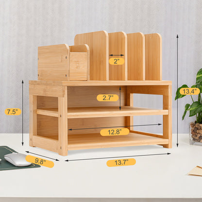 Enogets Bamboo Desk Organizer with File Holder & Adjustable Pen Holding, 3-Tier Desktop Letter Paper Tray Storage