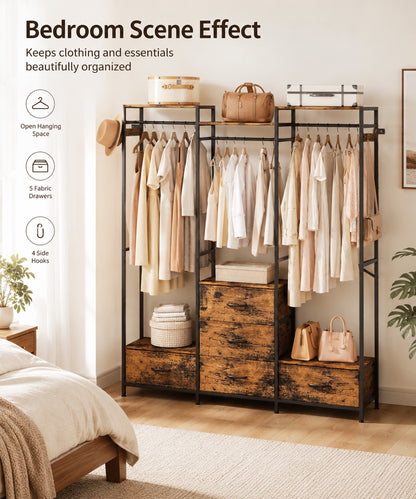 Enogets Freestanding Closet Organiser with 5 Drawer, Big Garment Hanging Rack, Wardrobe Storage Organizer for Bedroom, Living Room