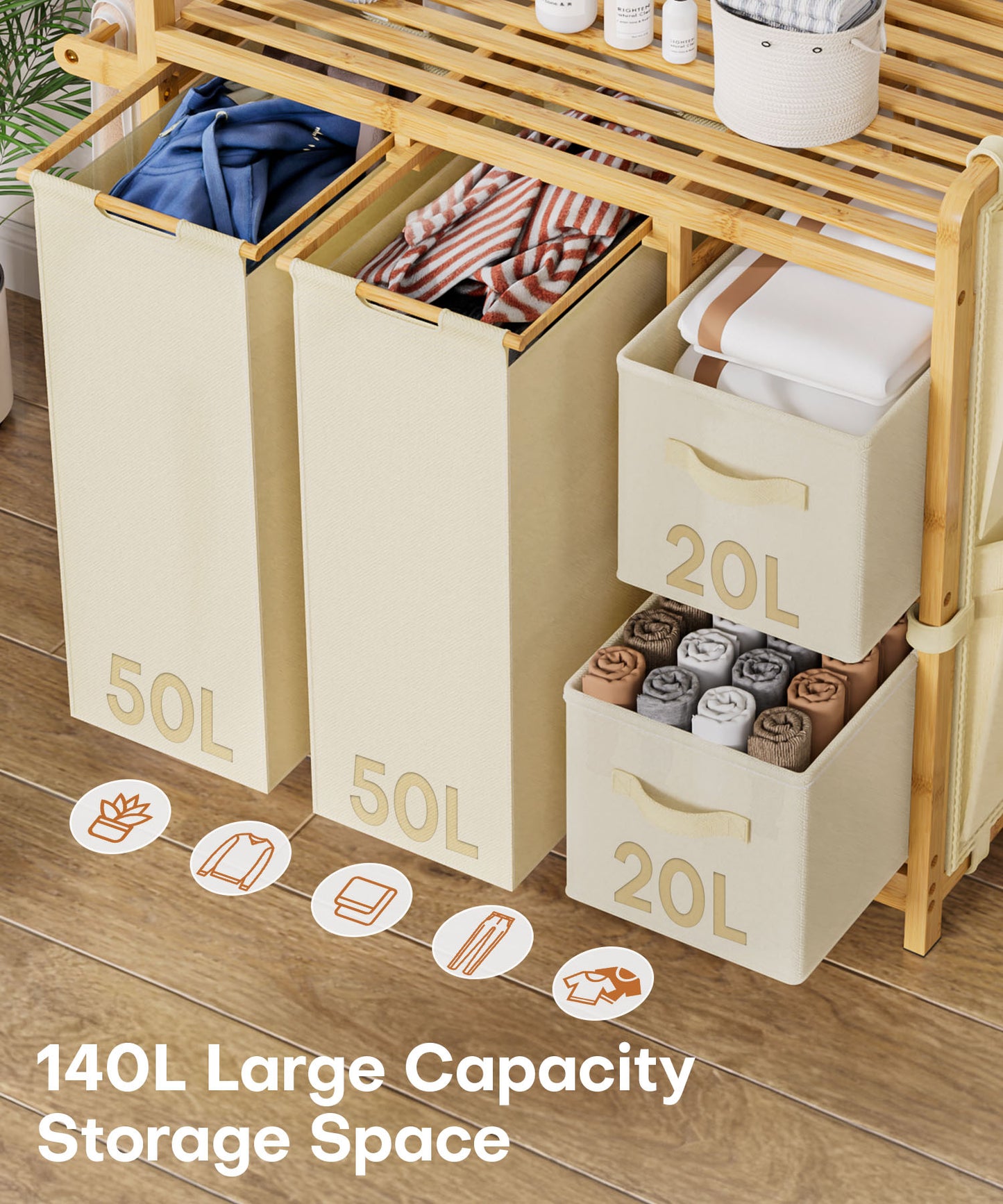 Enogets Bamboo Laundry Hamper, 140L Large Clothes with Removable Bags & Sorter, 4 Section Organizer