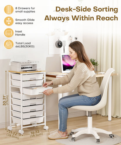 Enogets Rolling Utility Cart with 8 Drawers, Scrapbook Paper &tools Office School GarageOrganizer, White