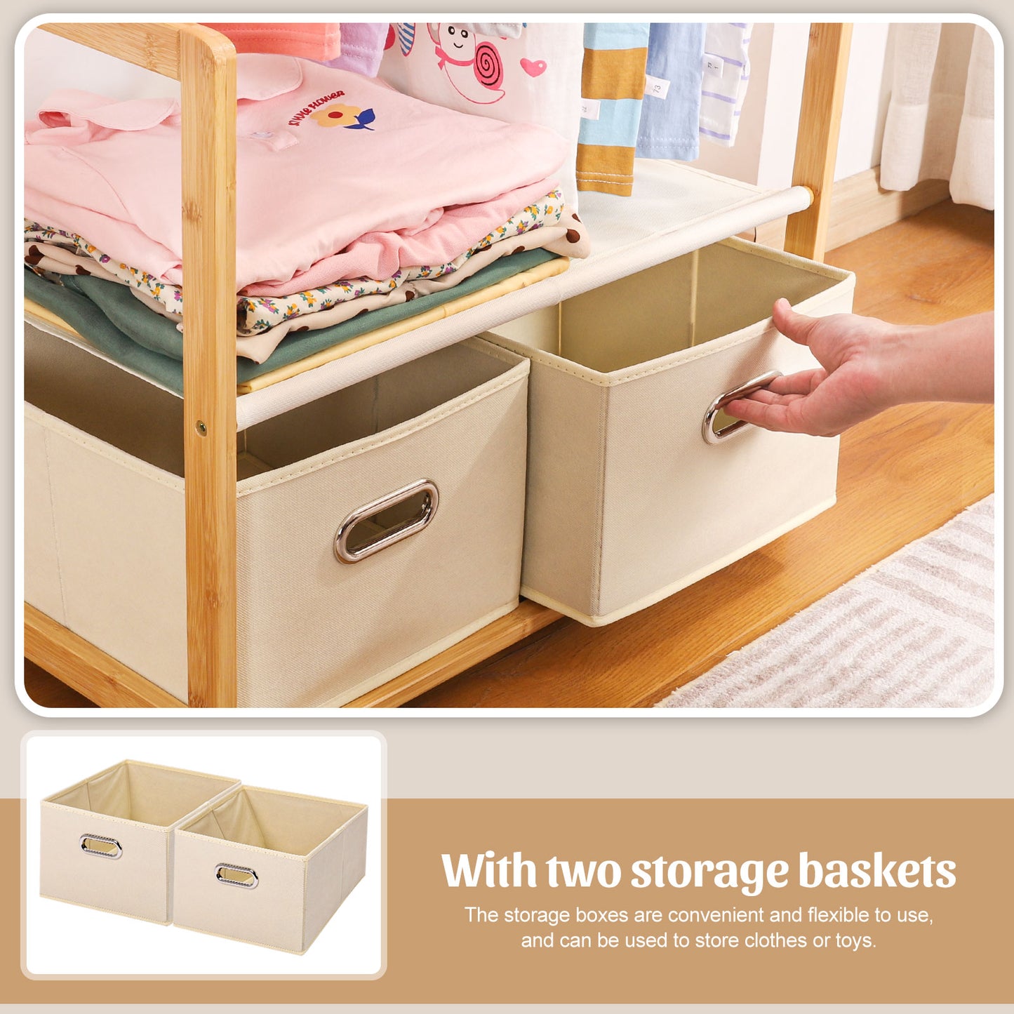 Enogets Bamboo Closet Organizer, Freestanding Clothing Rack with Adjustable Hanging Rods & 2 Storage Baskets for Children's Bedroom
