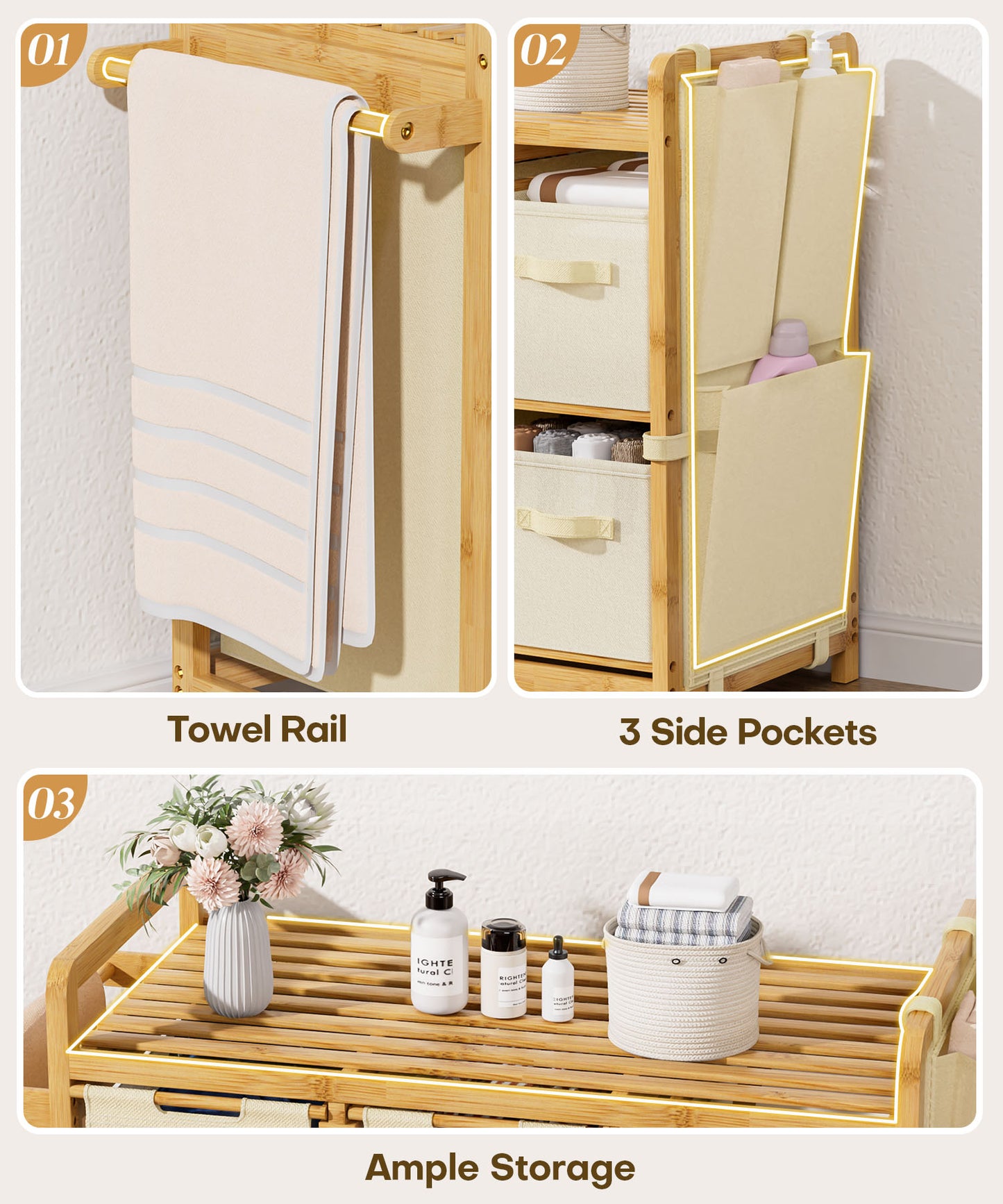 Enogets Bamboo Laundry Hamper, 140L Large Clothes with Removable Bags & Sorter, 4 Section Organizer