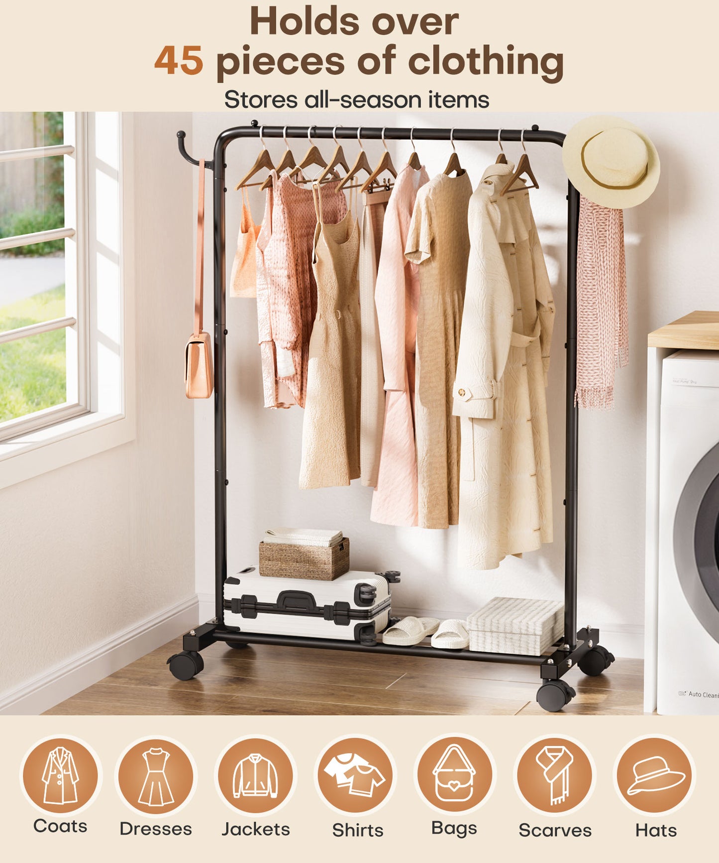 Enogets Heavy Duty Rolling Garment Rack，Metal Clothing Rack for Hanging with Stroage Shelf and Hooks（Black）