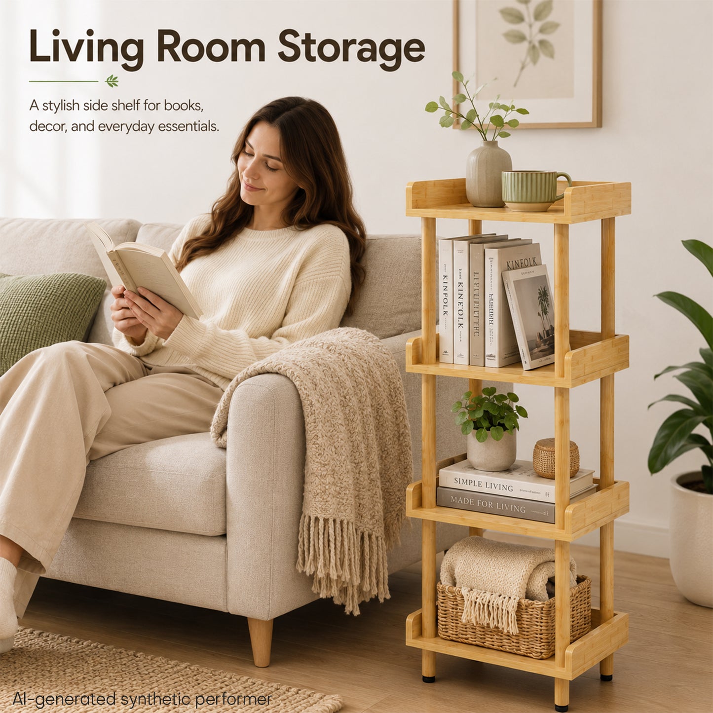 Enogets Bamboo 4-Tier Shelf with Tool-Free Assembly, Bamboo Storage Shelving for Bathroom, Living Room, Kitchen