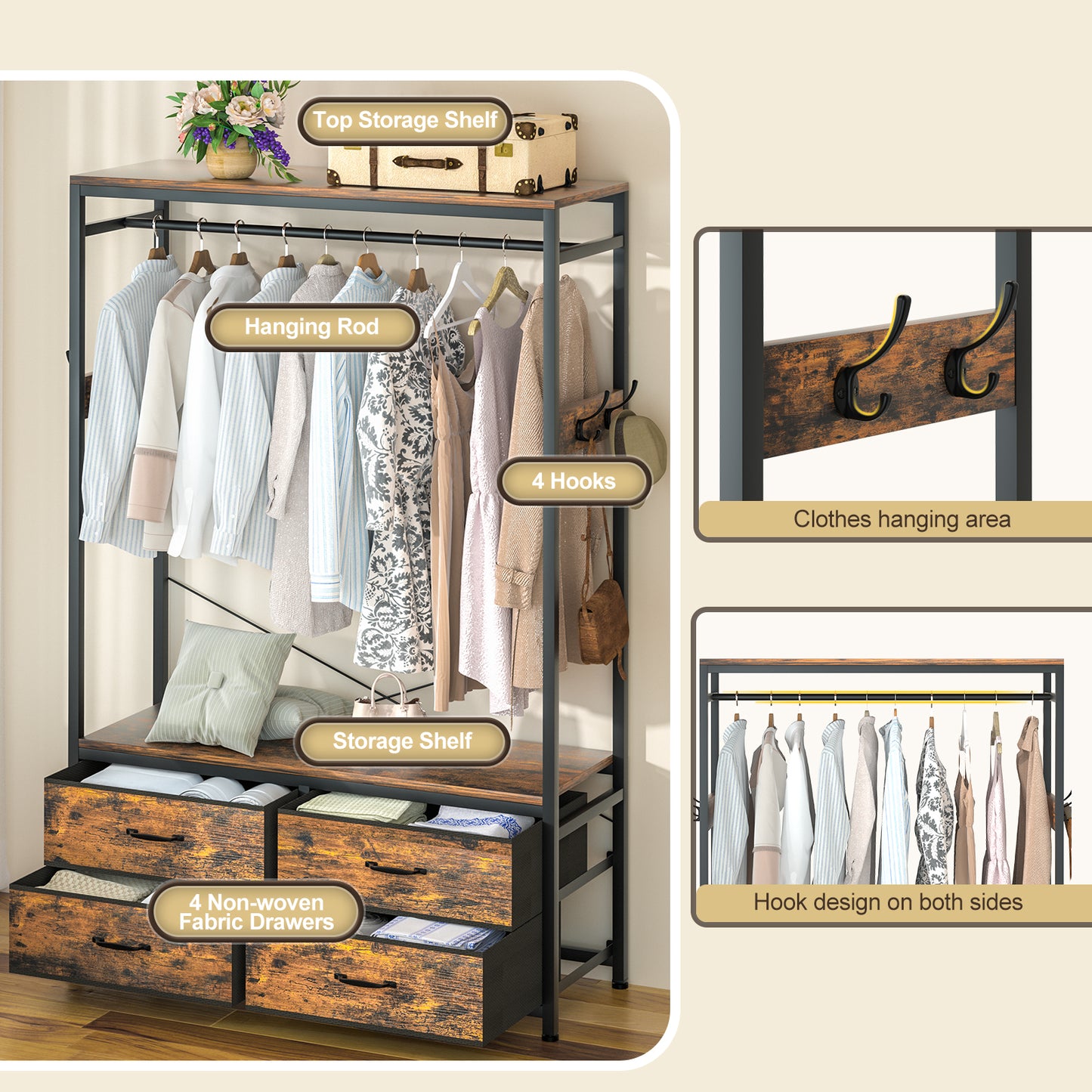 Enogets Freestanding Clothes Rack with 4 Drawers & Shelves Garment Hanging Rack with 4 Hooks- Wardrobe Storage Organizer for Bedroom, Living Room