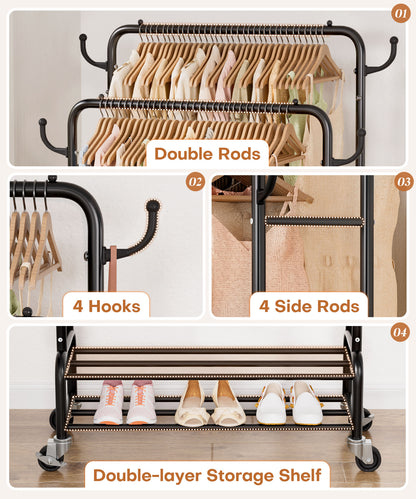 Enogets Heavy Duty Double Rod Garment Rack, Rolling Clothing Racks for Hanging Clothes with Shelves & Wheels, Black