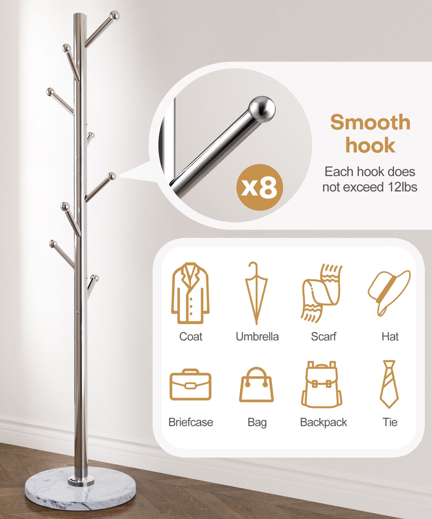 Enogets Coat Rack Stand with Marble Base & 8 Stainless Steel Hooks, Freestanding Clothes Tree (70" Tall, Silver)"