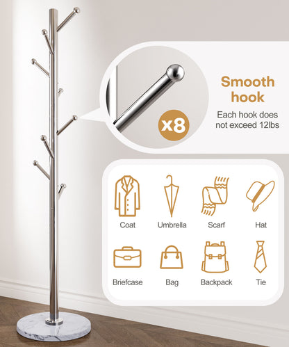 Enogets Coat Rack Stand with Marble Base & 8 Stainless Steel Hooks, Freestanding Clothes Tree (70" Tall, Silver)"