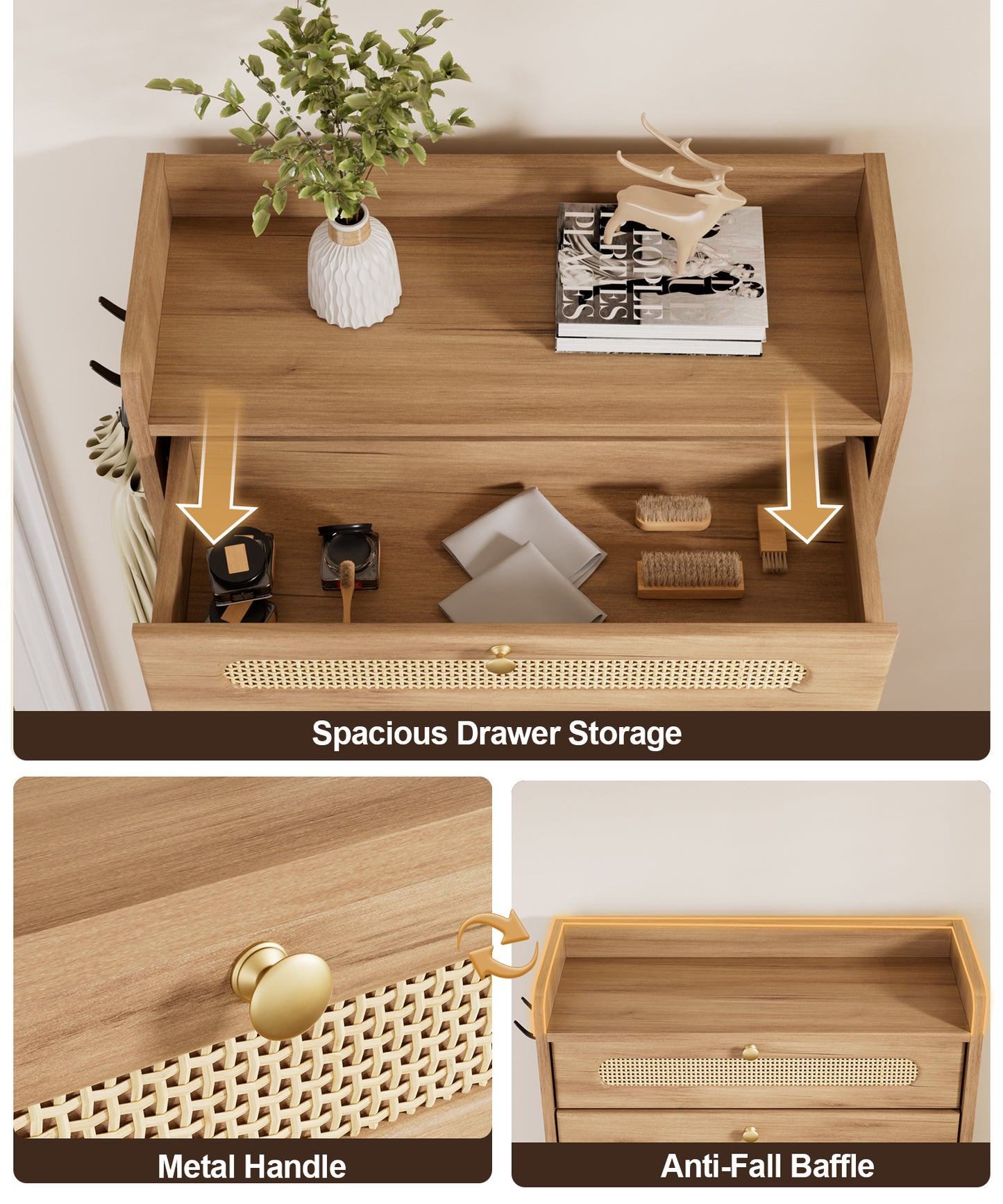 Enogets Rattan Shoe Cabinet with 2 Flip Drawers and Top Drawer for Entryway