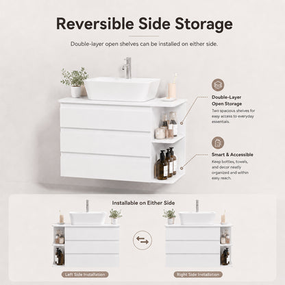 Enogets Wall Mounted Bathroom Vanity, White Floating Cabinet with 3 Drawers and Open Storage, Sink Not Included