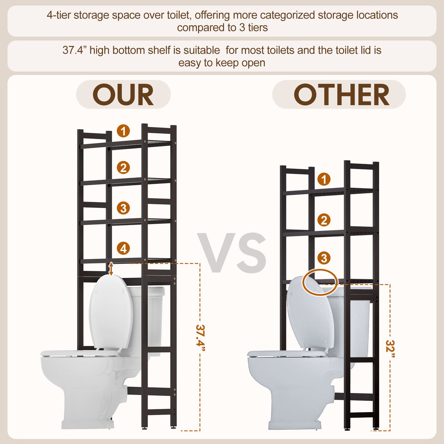 Enogets Over the Toilet Storage, Bamboo Bathroom Shelf Organizer with 2 Baskets & 4 Hooks, 4-Tier Space Saver