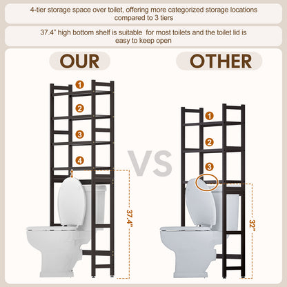 Enogets Over the Toilet Storage, Bamboo Bathroom Shelf Organizer with 2 Baskets & 4 Hooks, 4-Tier Space Saver