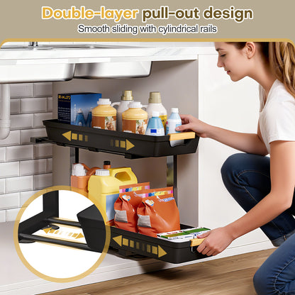 Enogets 2-Pack Under Sink Organizer, 2-Tier Pull-Out Storage Shelf for Kitchen & Bathroom – Black