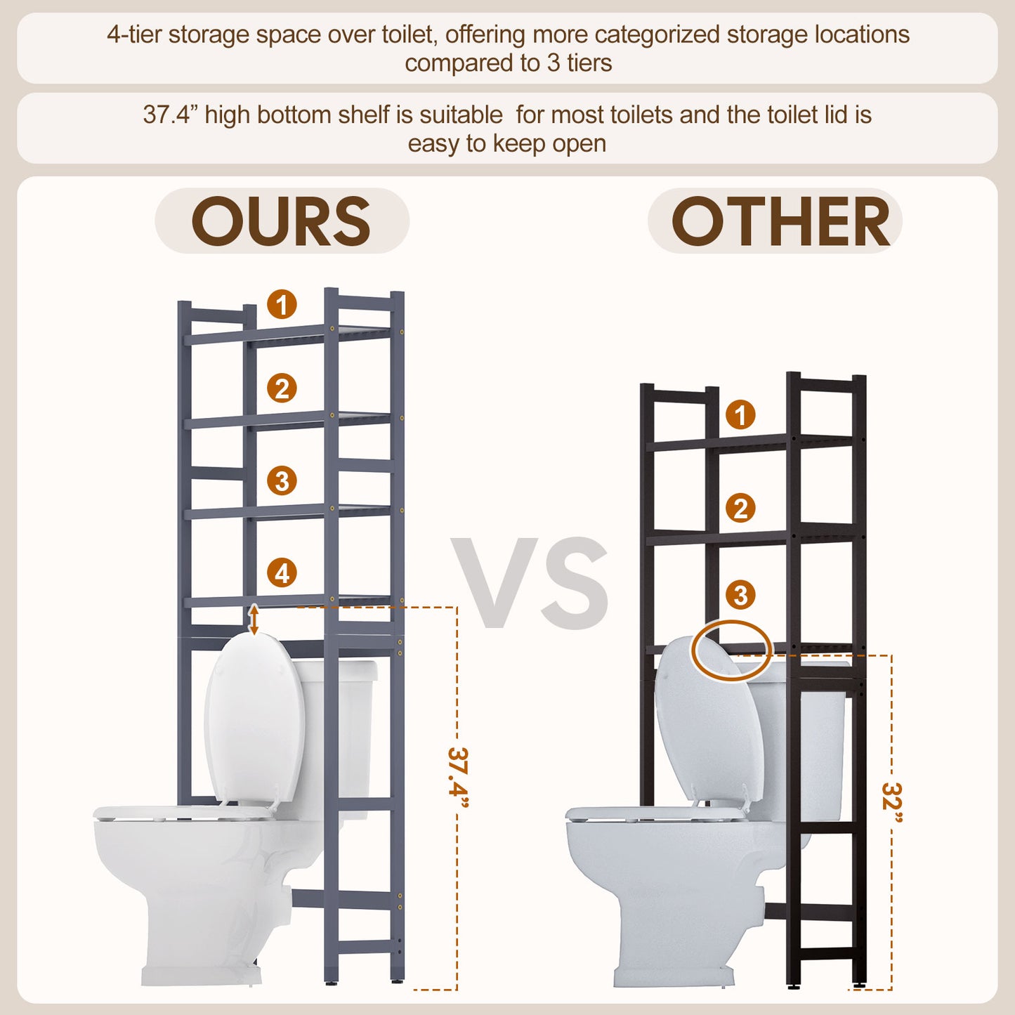 Enogets Over the Toilet Storage, Bamboo Bathroom Shelf Organizer with 2 Baskets & 4 Hooks, 4-Tier Space Saver