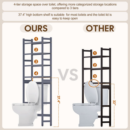 Enogets Over the Toilet Storage, Bamboo Bathroom Shelf Organizer with 2 Baskets & 4 Hooks, 4-Tier Space Saver