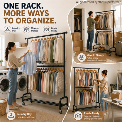 Enogets Heavy Duty Rolling Clothes Rack, double Layers with 450 lbs Capacity, Commercial Grade Garment Rack with Wheels, Black