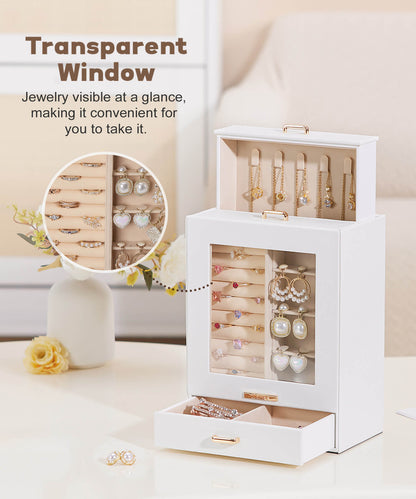 Enogets Jewelry Organizer with Display Windows& 3 Drawers, Jewelry Box for Girls Women Jewels