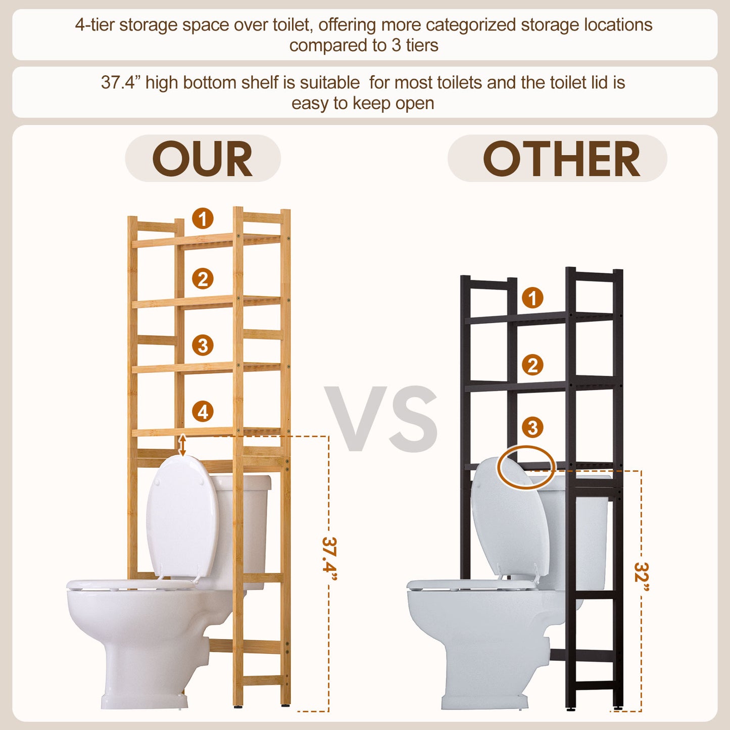 Enogets Over the Toilet Storage, Bamboo Bathroom Shelf Organizer with 2 Baskets & 4 Hooks, 4-Tier Space Saver