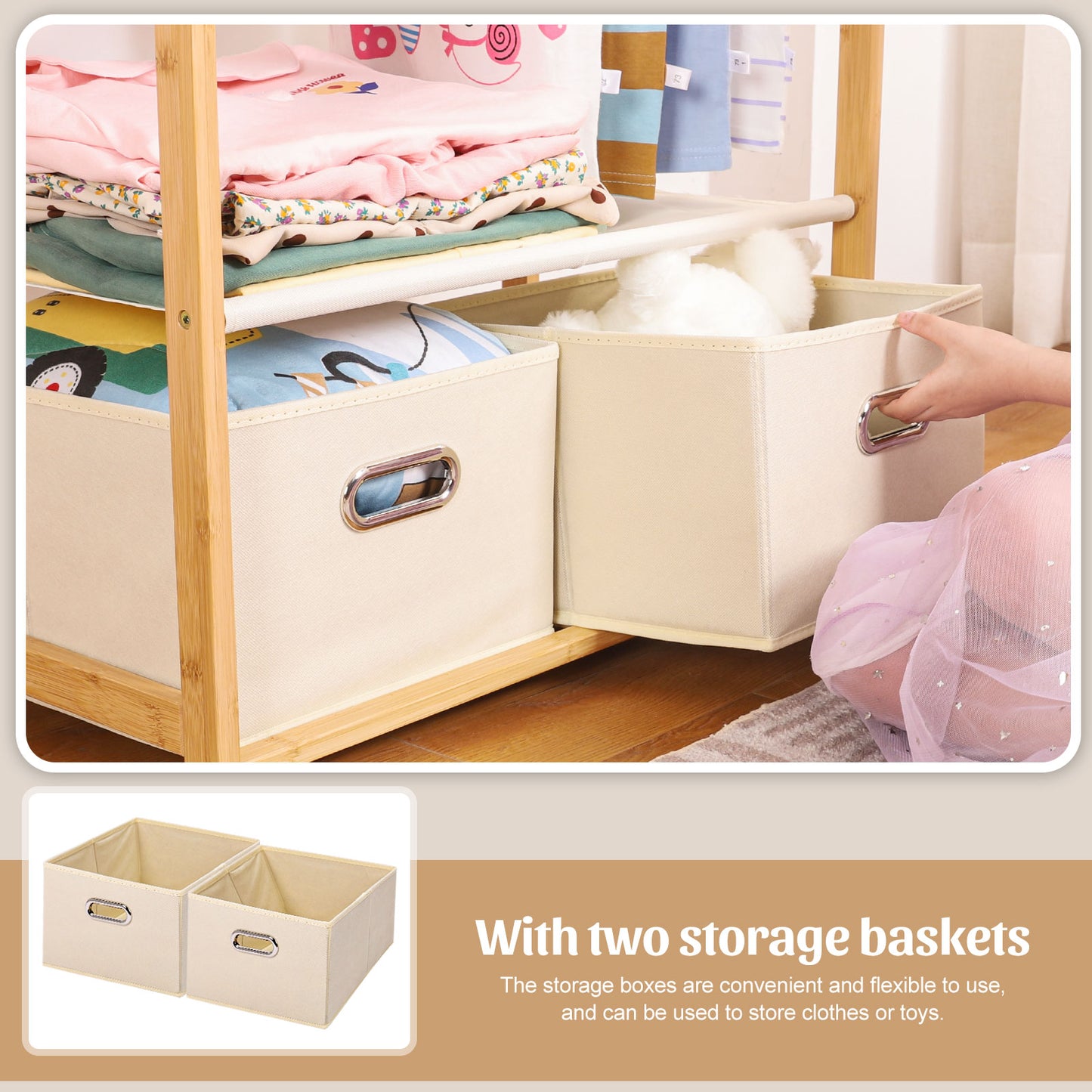 Enogets Bamboo Closet Organizer, Freestanding Clothing Rack with Adjustable Hanging Rods & 2 Storage Baskets for Children's Bedroom