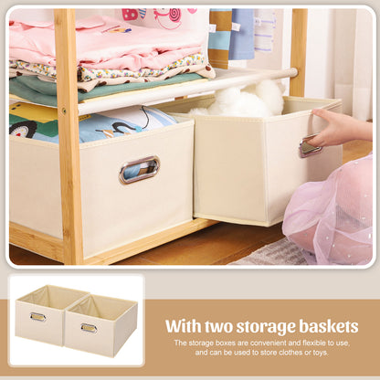 Enogets Bamboo Closet Organizer, Freestanding Clothing Rack with Adjustable Hanging Rods & 2 Storage Baskets for Children's Bedroom