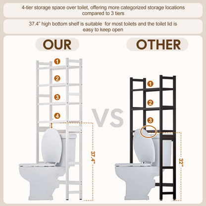Enogets Over the Toilet Storage, Bamboo Bathroom Shelf Organizer with 2 Baskets & 4 Hooks, 4-Tier Space Saver