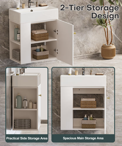 Enogets Bathroom Vanity Wall-Mounted with Ceramic Sink, Single Door Storage Cabinet, Space Saving Design for Small Bathroom