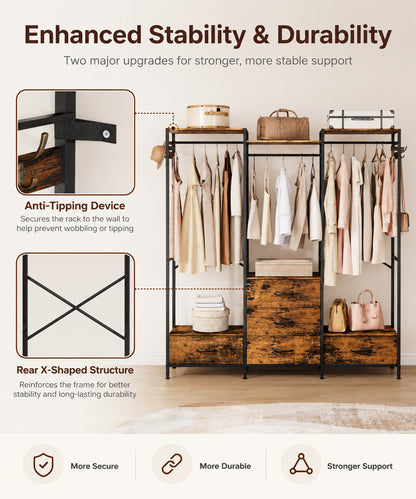 Enogets Freestanding Closet Organiser with 5 Drawer, Big Garment Hanging Rack, Wardrobe Storage Organizer for Bedroom, Living Room