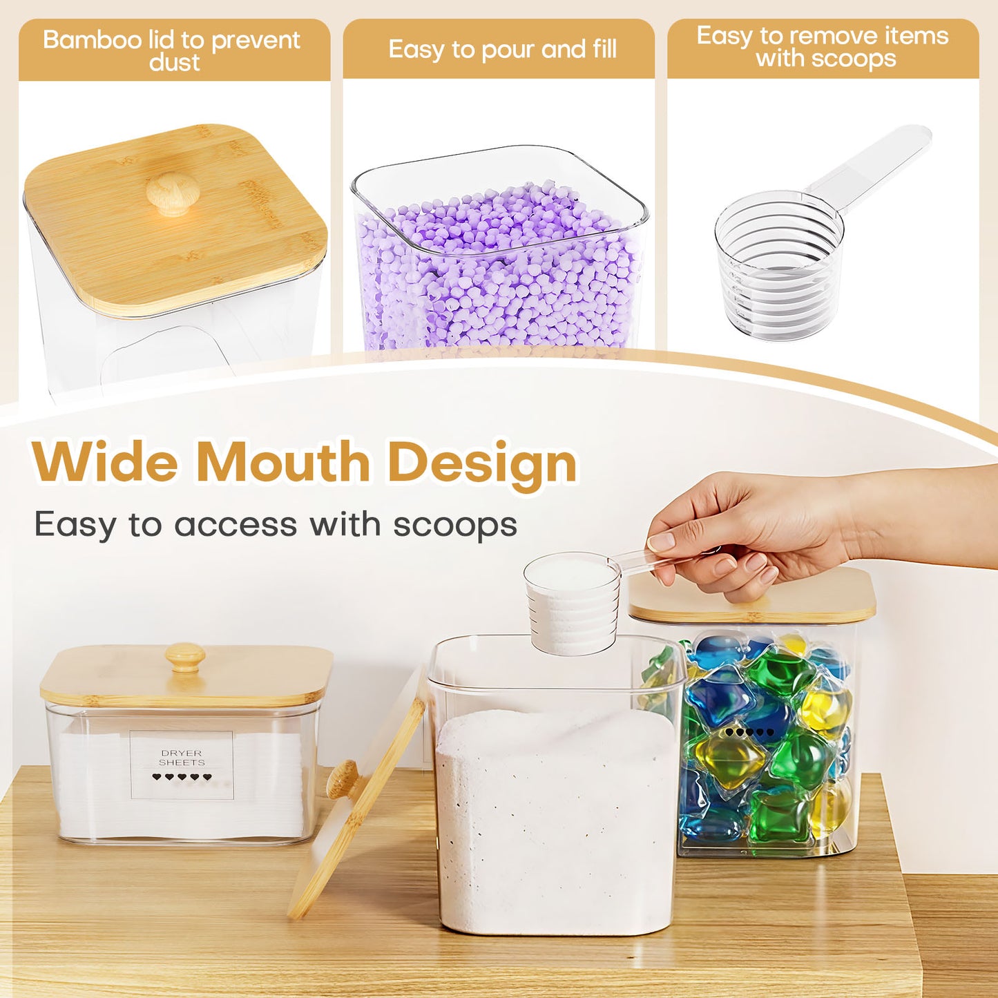 Enogets 5-Pack Laundry Pods Containers with Bamboo Lids, Clear Jars for Washing Detergent and Scent Beads, Includes Labels and Scoops