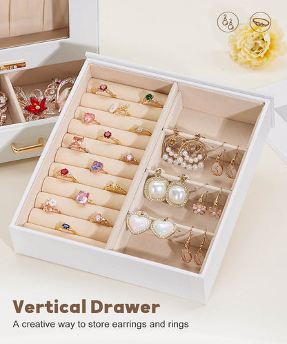 Enogets Jewelry Organizer with Display Windows& 3 Drawers, Jewelry Box for Girls Women Jewels