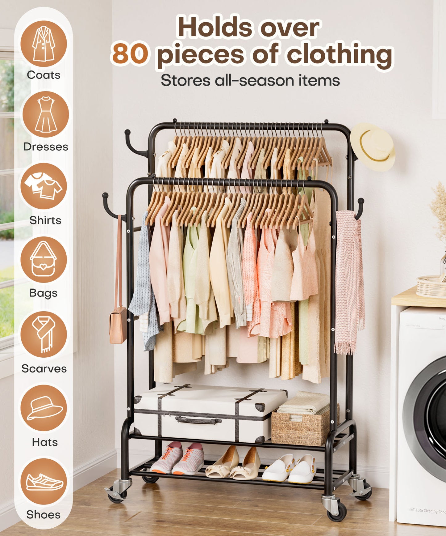 Enogets Heavy Duty Double Rod Garment Rack, Rolling Clothing Racks for Hanging Clothes with Shelves & Wheels, Black